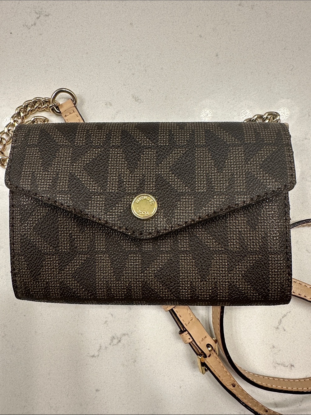 Michael Kors Dark Brown Signature Crossbody Wallet with Gold Hardware